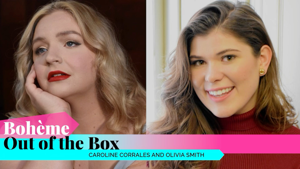Side-by-Side headshot of Caroline Corrales and Olivia Smith with a bottom title ribbon "Boheme Out of the Box"