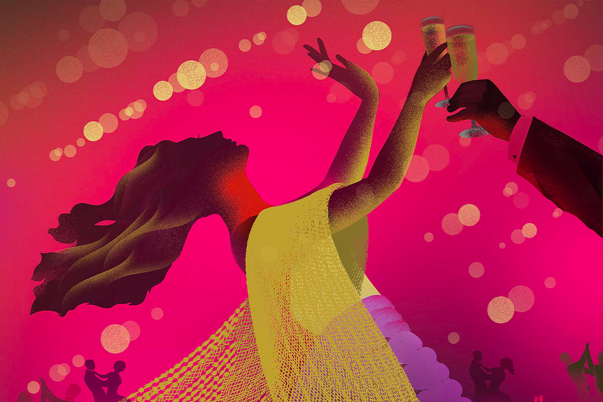 Graphic of a woman dancing with her head back and a glass of champagne in her hand.