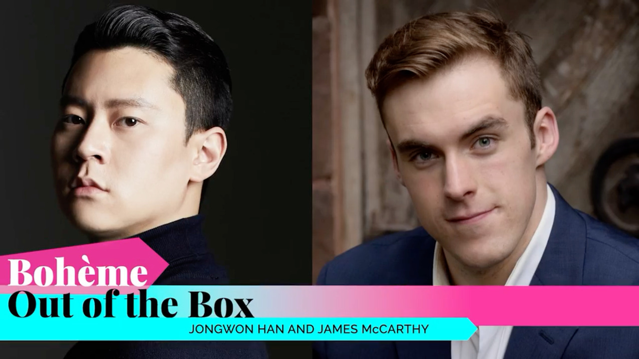 side-by-side headshots of Jongwon Han and James McCarthy with a bottom title ribbon "Boheme Out of the Box"