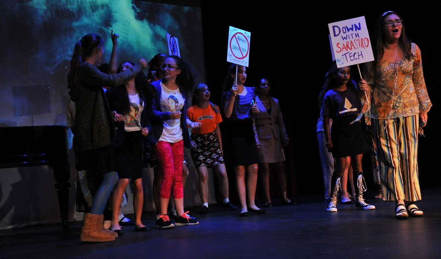 students protesting with signs that say &quot;Down with Sarastro Tech&quot;