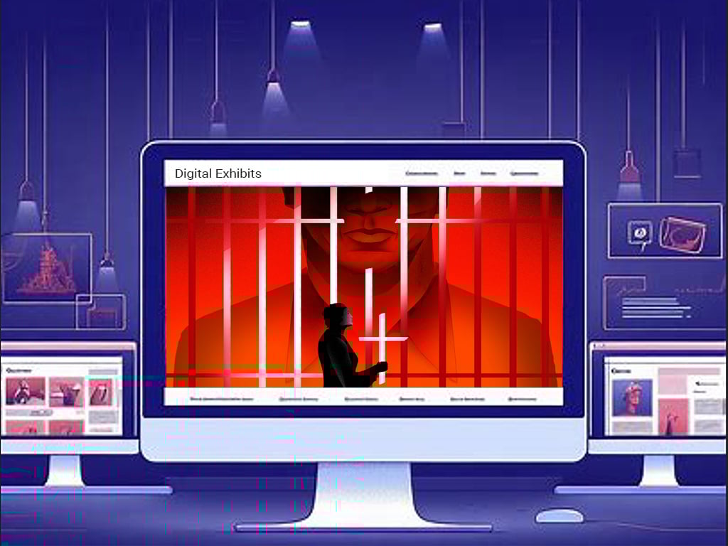 Illustration of a computer monitor showing the Digital Exhibits web page. In the background are seveal other monitors  and lights hanging from the top.