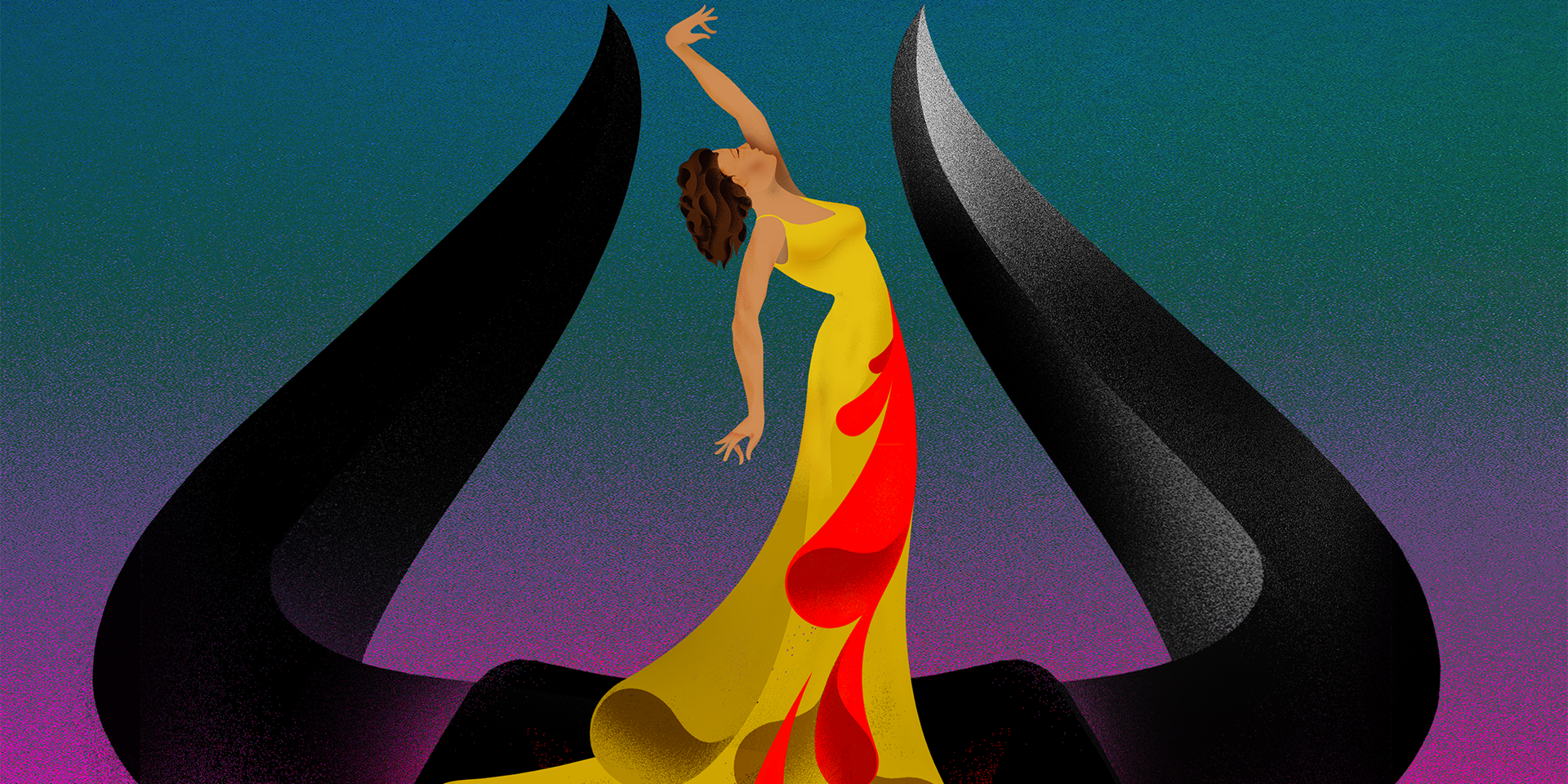 Graphic silhoutte of Carmen in a long yellow dress with red down the front as she is standing between two gigantic bull horns