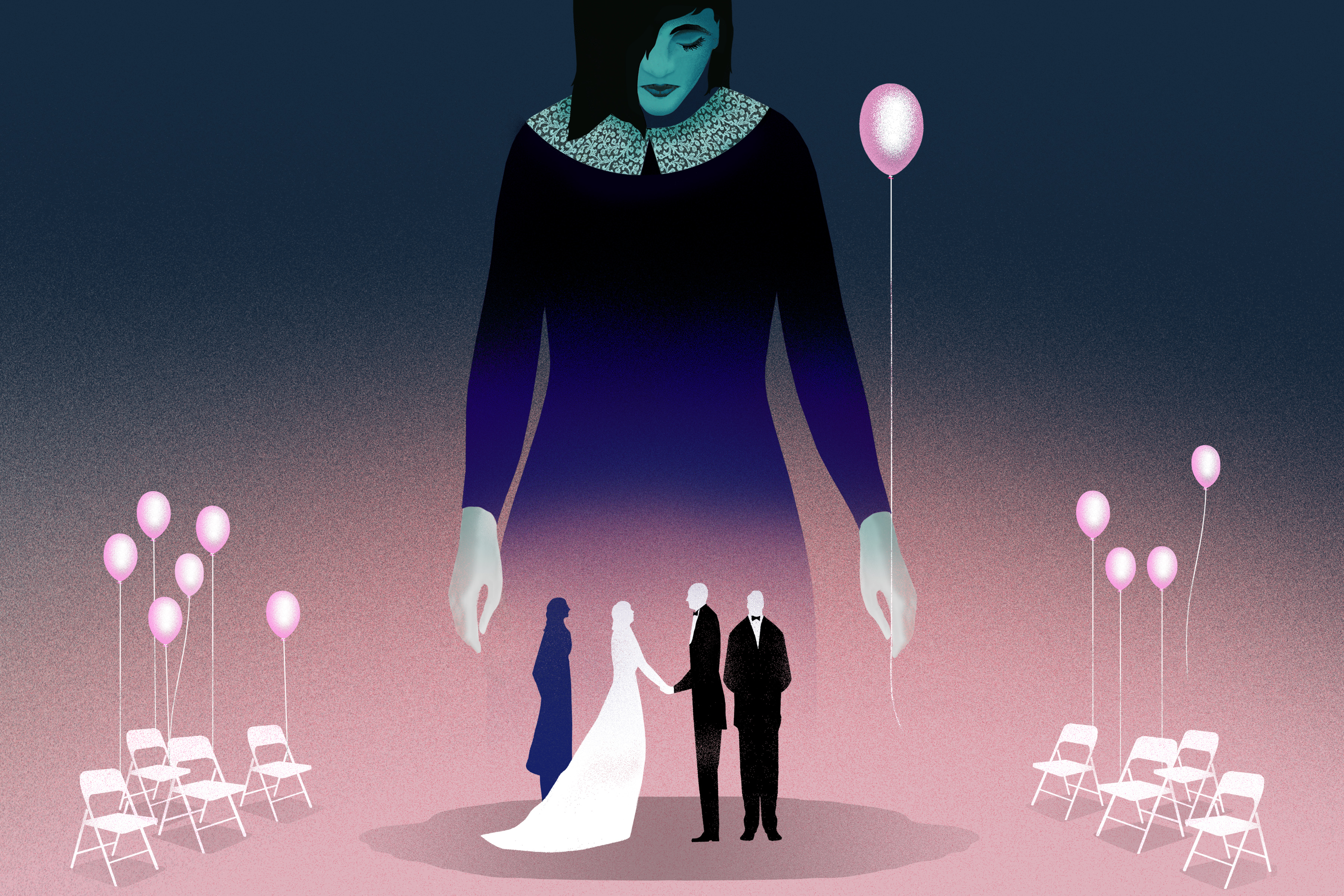 A graphic of a bride and groom standing between empty chairs with pink balloons tied to them. There is a large image of a female looking down on them holding a pink balloon.