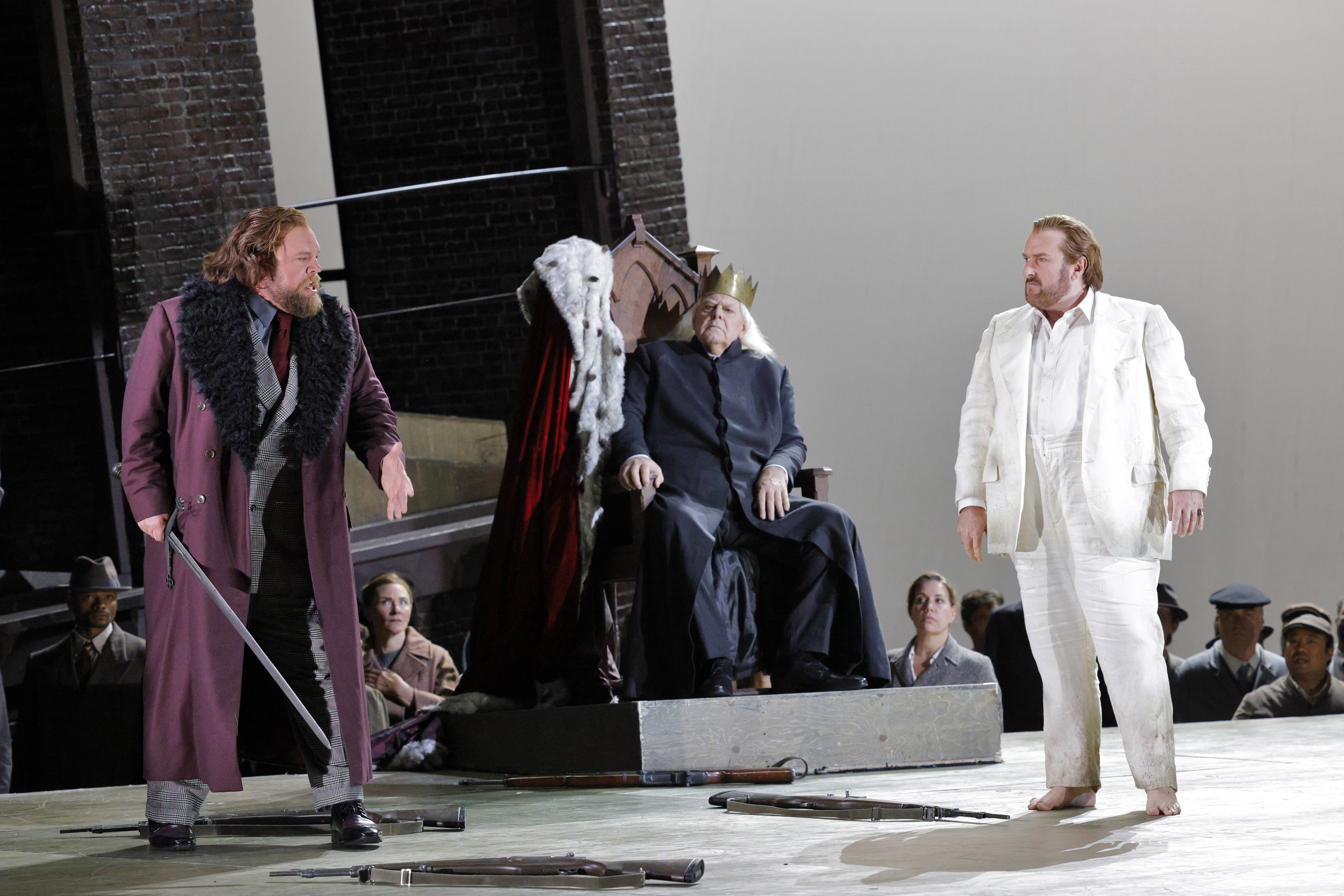 two men arguing in front of a king. One man has a sword.