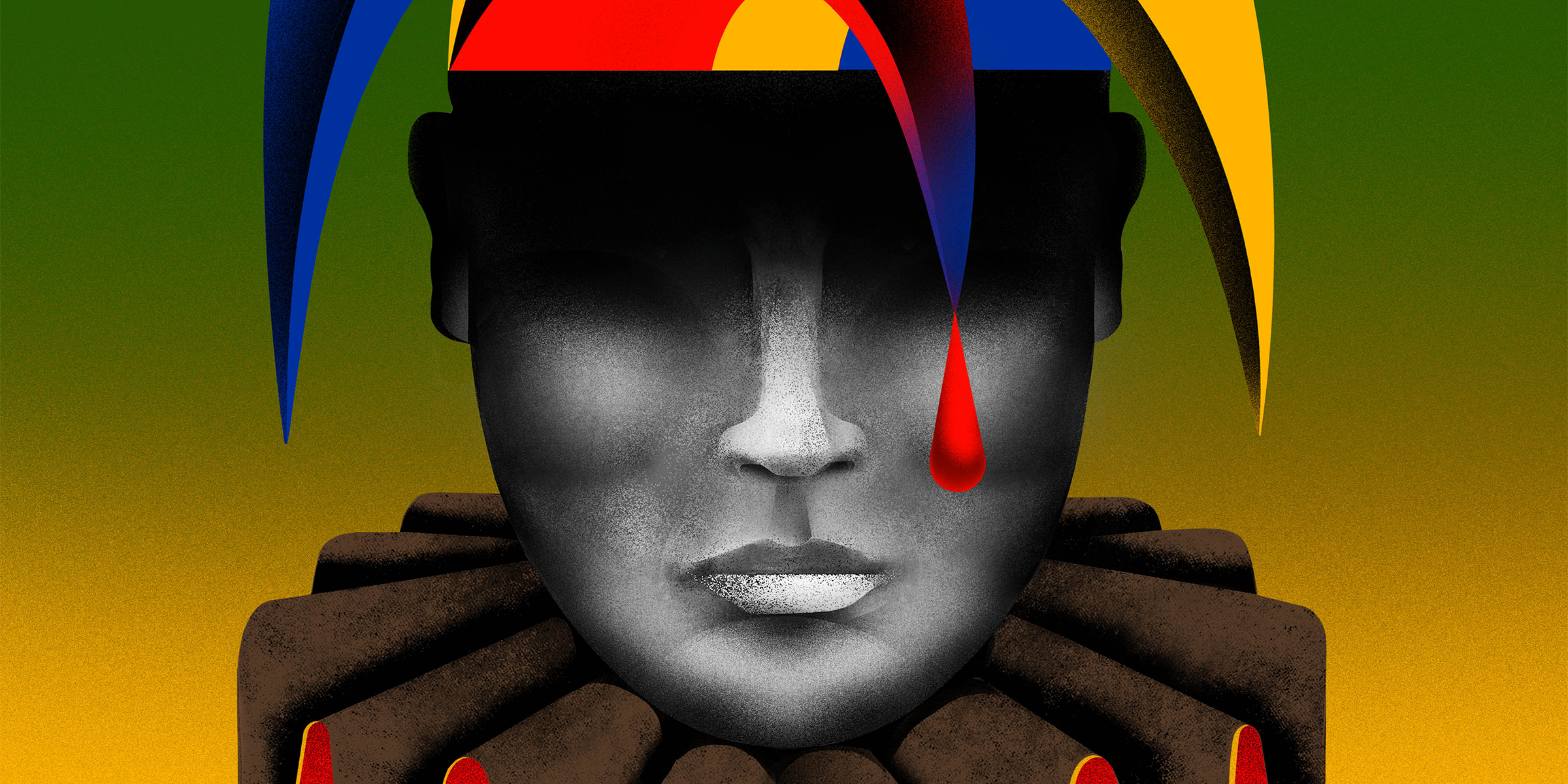 Illustration of a shadowed grayscale face wearing a colorful jester hat with a red teardrop against a yellow background.