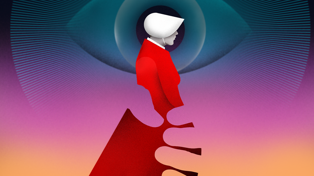 The Handmaid&#39;s Tale graphic of a handmaid in red dress and white bonnet with invisible hands around her and a large eye in the background