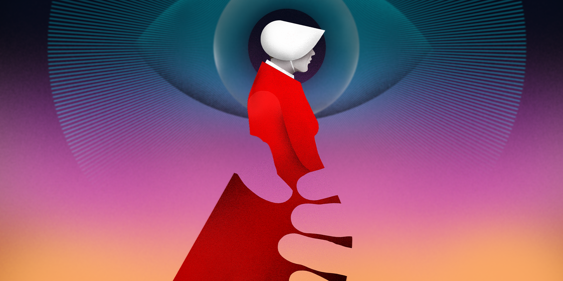 The Handmaid&#39;s Tale graphic of a handmaid in red dress and white bonnet with invisible hands around her and a large eye in the background