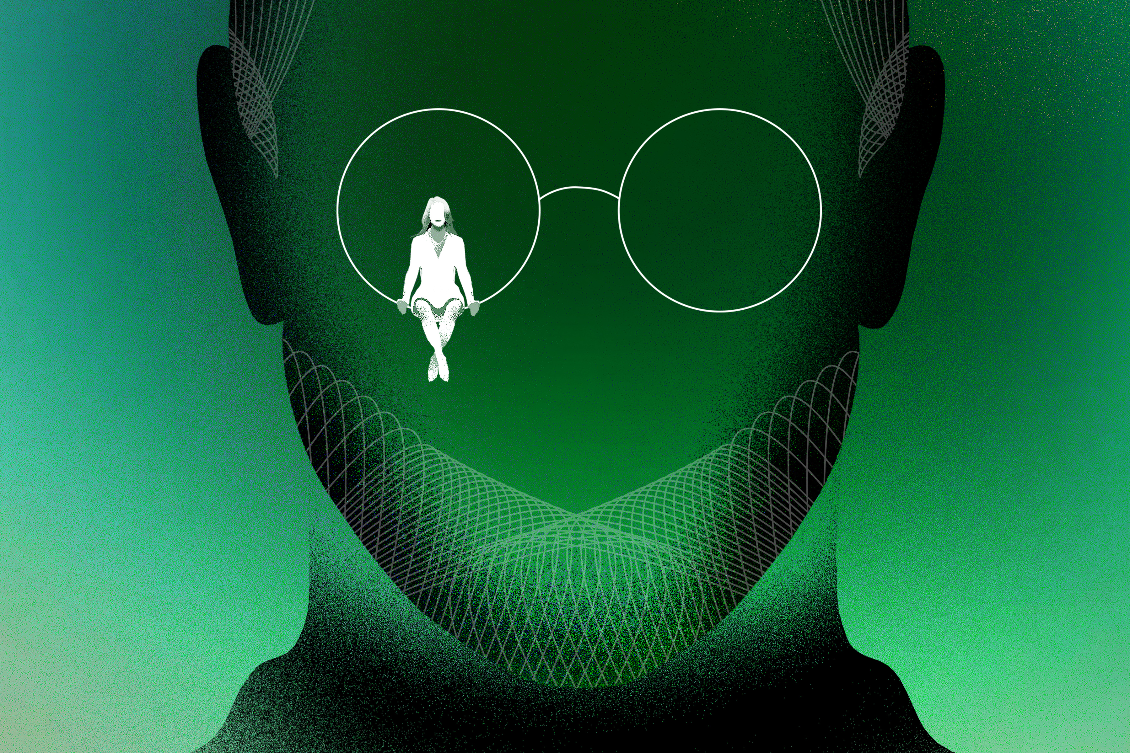 Digital green outline of Steve Jobs with silhouette of a woman sitting on the rim of the glasses 