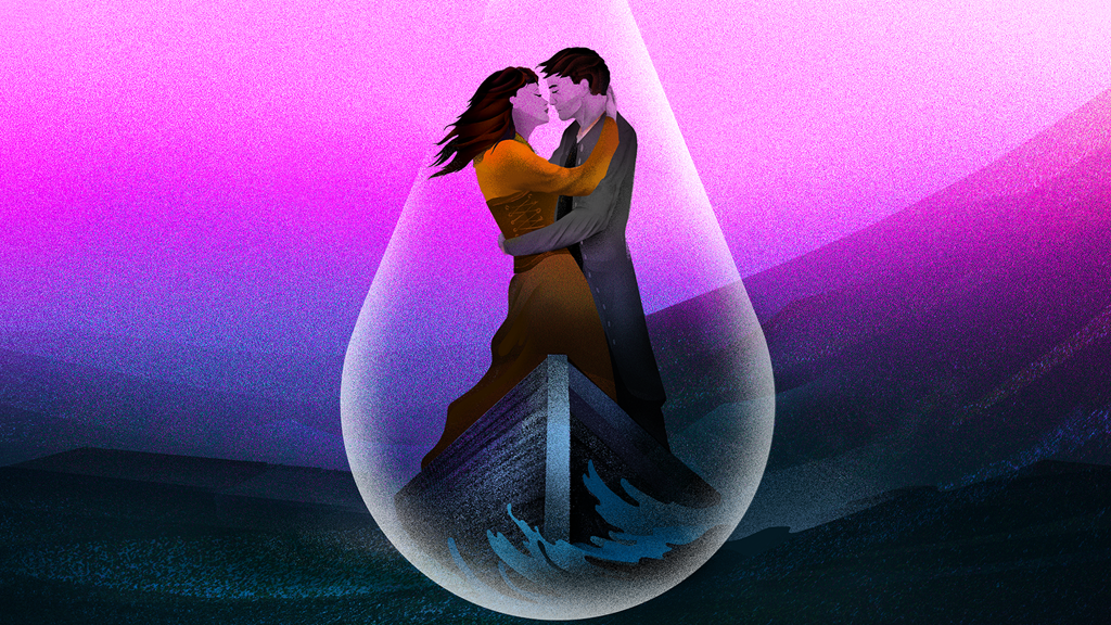 Tristan and Isolde graphic of them embracing within a droplet of water