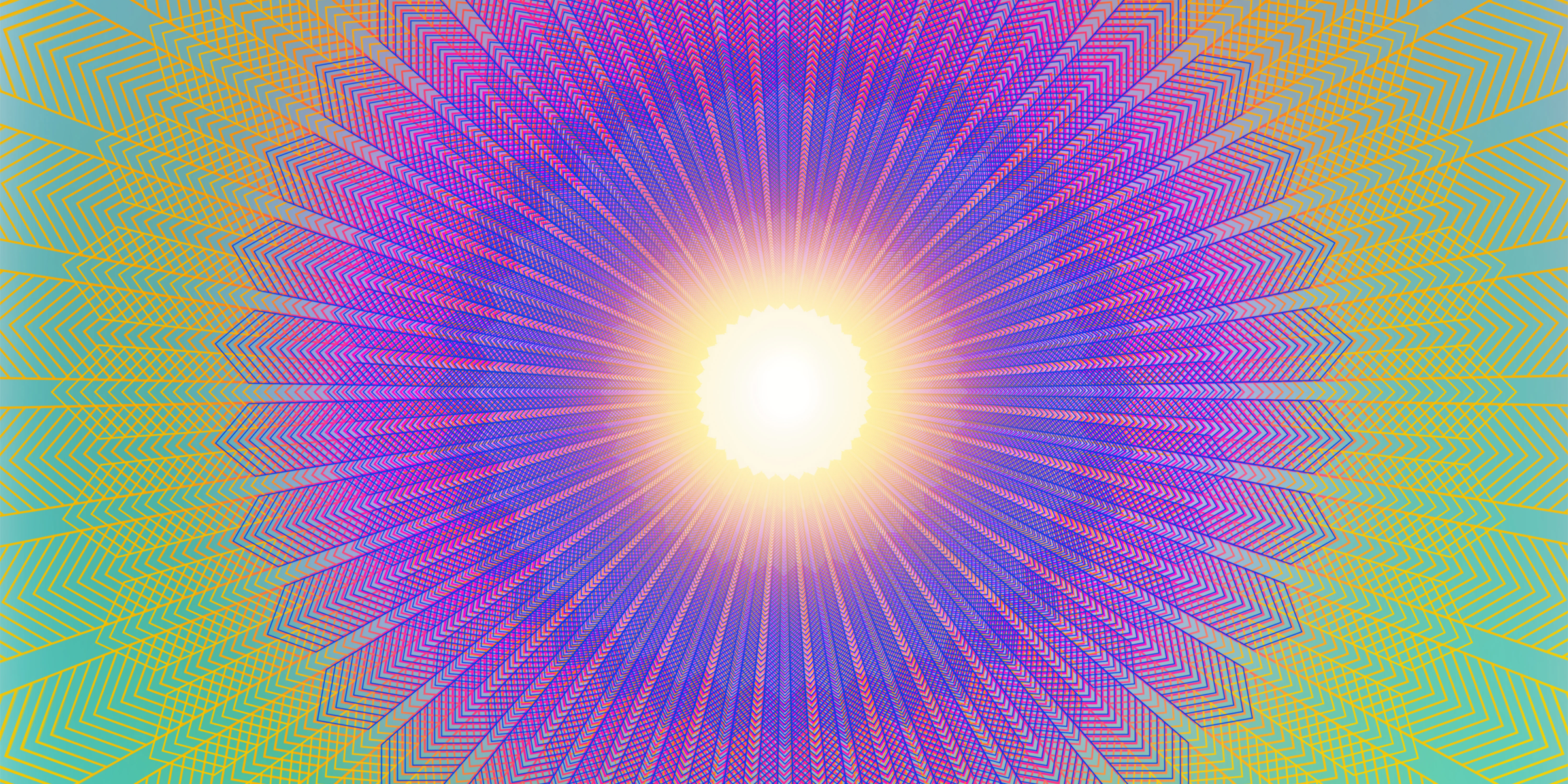 Abstract radial pattern in blue, yellow, pink, and purple with a bright glowing center.